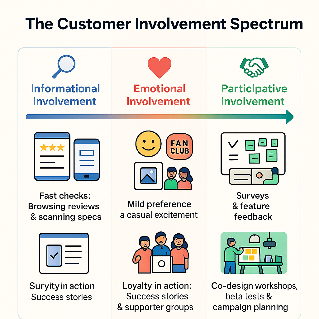 Types of customer involvement : Informational Involvement , Emotional Involvement and Participative Involvement