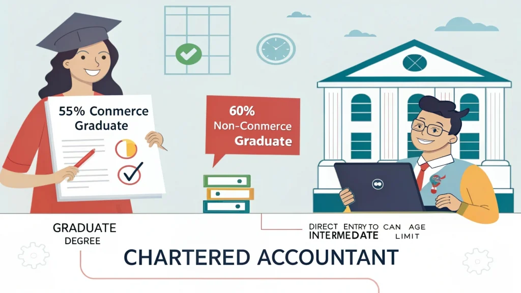 Visual guide on how to become a Chartered Accountant after graduation, showing eligibility criteria with two graduates—commerce (55%) and non-commerce (60%)—holding documents, alongside a checklist for degree, no age limit, and direct CA Intermediate entry, with a university and accounting icons in the background.