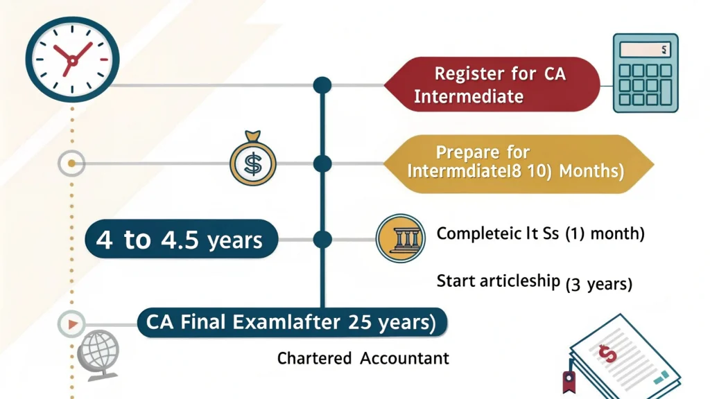 Timeline infographic illustrating how to become a Chartered Accountant after graduation, showing key stages like CA Intermediate, ICITSS, Articleship, and CA Final over 4 to 4.5 years.