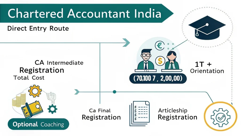 Visual infographic showing the cost structure of becoming a Chartered Accountant in India through the Direct Entry Route after graduation, using icons for registration fees, training, coaching, and exam costs with minimal text and Indian-themed color palette