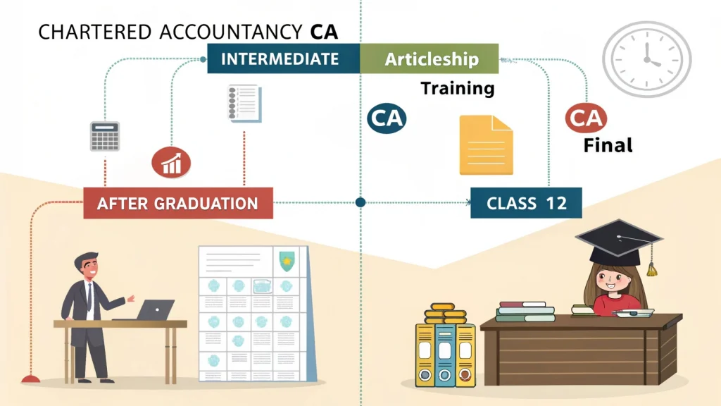 Visual guide on how to become a Chartered Accountant after graduation, showing the CA course structure—CA Intermediate, Articleship, and CA Final—alongside a comparison between graduates and Class 12 students in terms of entry level, duration, and foundation exam.