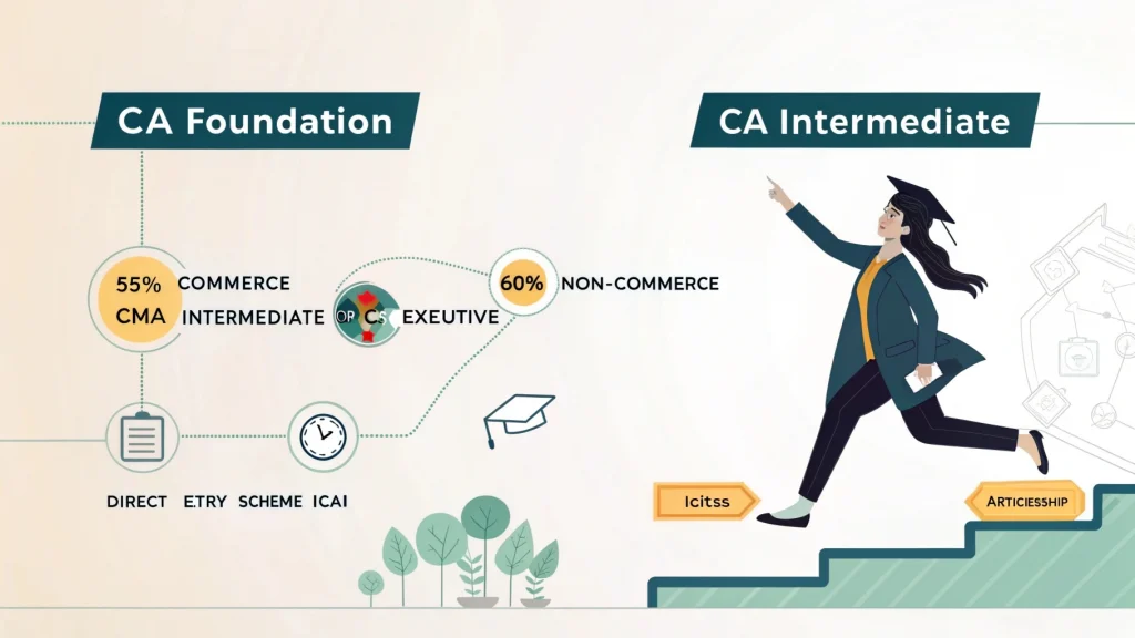 "Visual explanation of how to become a Chartered Accountant after graduation through the Direct Entry Route, showing a graduate skipping CA Foundation and moving to CA Intermediate, with eligibility criteria and ICAI training requirements highlighted.