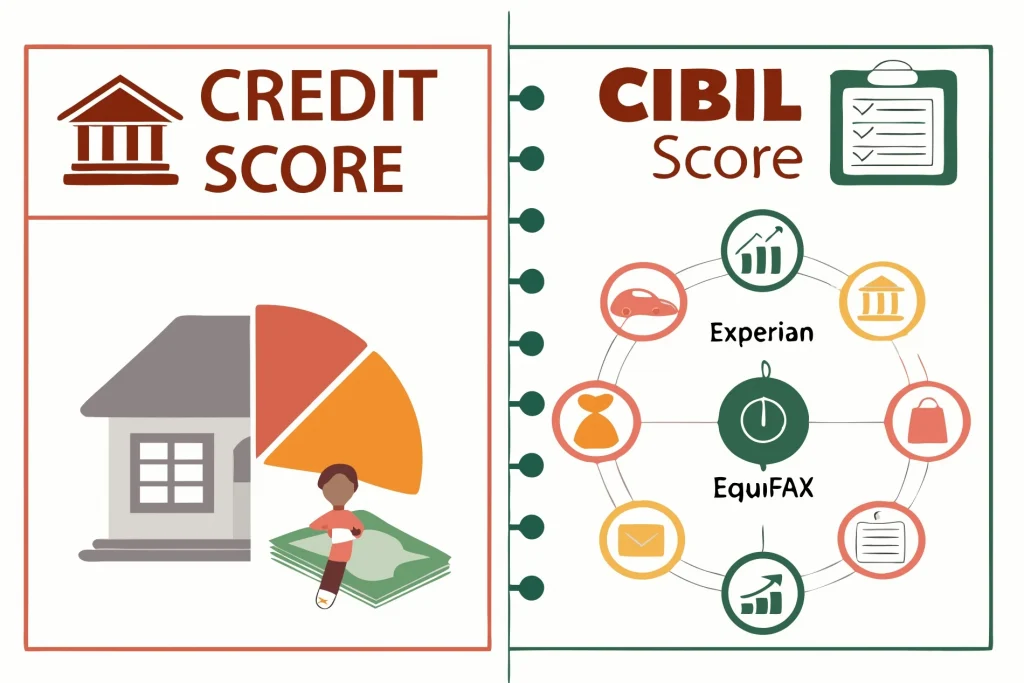 Infographic illustrating the Difference Between Credit Score and CIBIL Score, showing credit score as a broad term and CIBIL score as a specific type used in India, along with icons of credit bureaus like CIBIL, Experian, and Equifax.