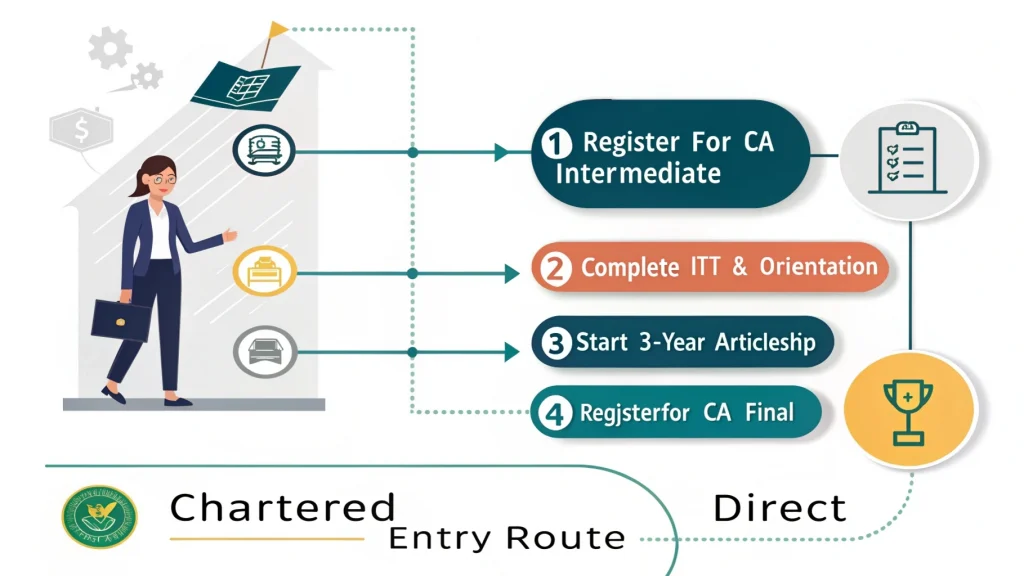 Step-by-step visual guide on how to become a Chartered Accountant after graduation through the Direct Entry Route, showing key stages like CA Intermediate registration, ICITSS training, 3-year articleship, CA Final registration, and ICAI membership.