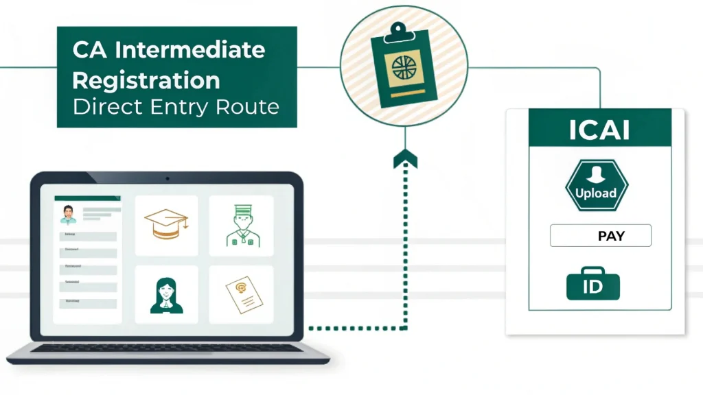 Visual representation of documents required for CA Intermediate registration after graduation, showing graduation marksheet, ID proof, photo, and a laptop with ICAI portal steps like upload and payment, related to How to Become a Chartered Accountant After Graduation.
