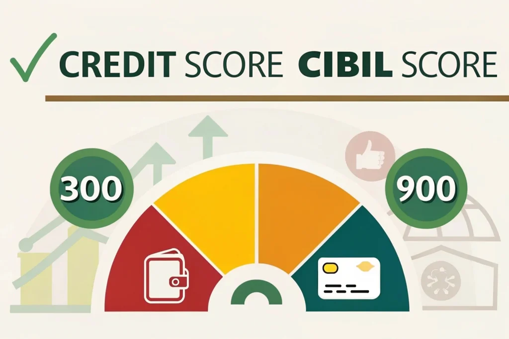 Infographic comparing credit score and CIBIL score, showing a 300–900 scale with color indicators for low to high creditworthiness, and highlighting 750+ CIBIL score as ideal for loan approval.