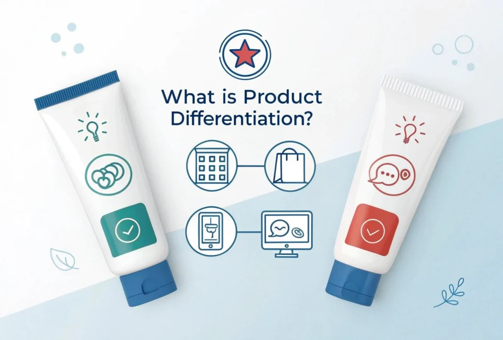 "Infographic explaining product differentiation with visuals showing unique product features, importance like customer attraction and brand loyalty, and types such as physical, service, and brand differentiation.