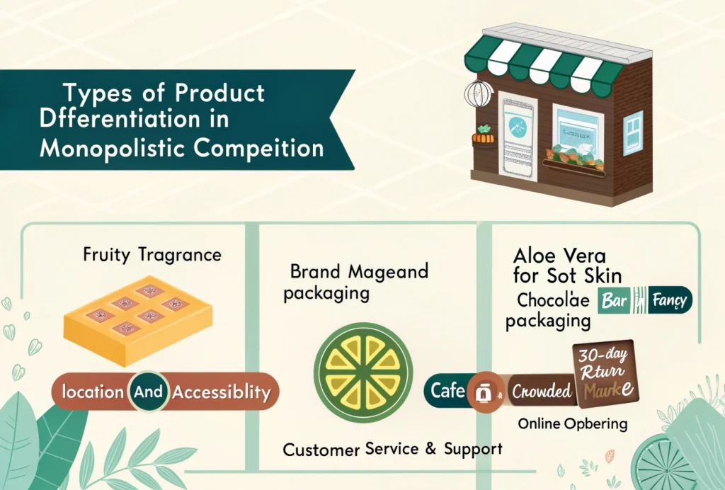 Infographic showing types of product differentiation in monopolistic competition, including physical product differences, brand image and packaging, location and accessibility, and customer service with examples like scented soap, premium packaging, café locations, and return policies.