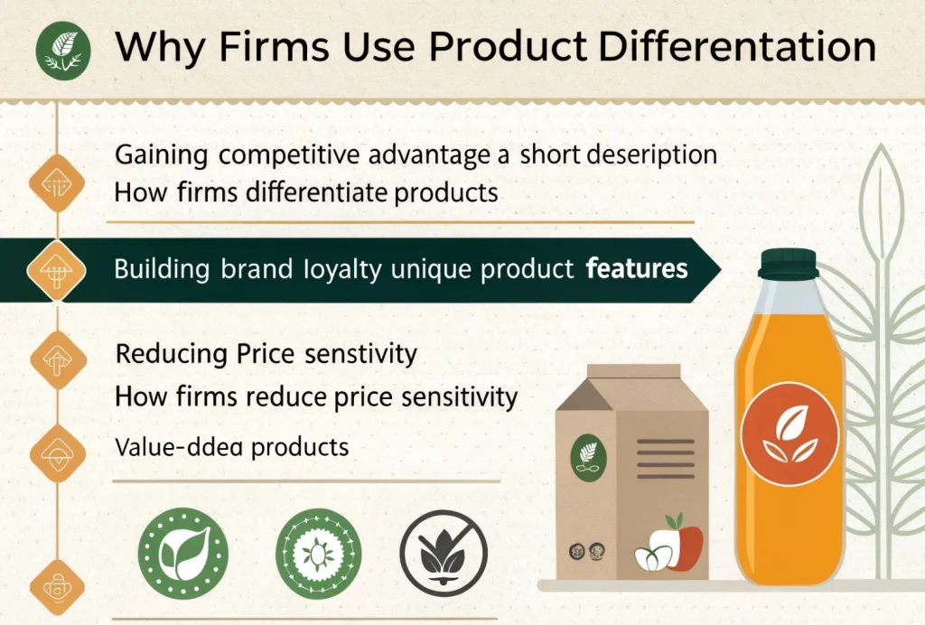 "Infographic explaining why firms use product differentiation, highlighting benefits like gaining competitive advantage with unique features, building brand loyalty through trust, and reducing price sensitivity by offering perceived value.