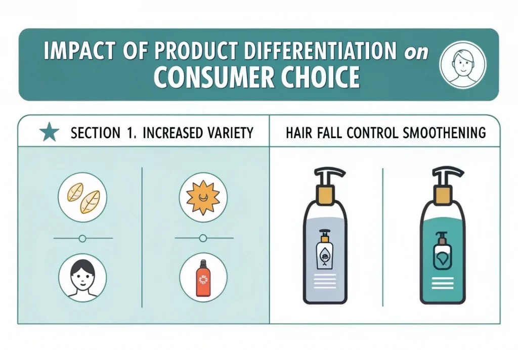 Infographic showing the impact of product differentiation on consumer choice, with examples of increased variety like different shampoo types and perceived value such as branded water bottles chosen for trust and appearance.