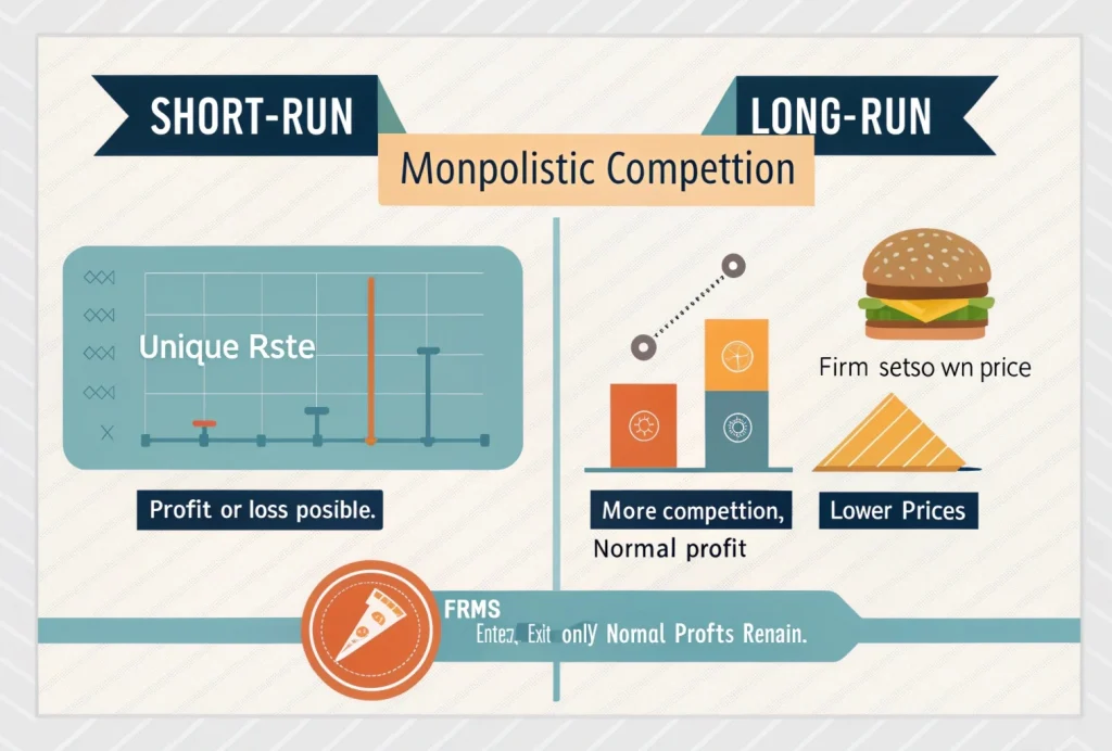 Infographic comparing short-run and long-run effects in monopolistic competition, showing how firms set prices and earn profits in the short run, while increased competition in the long run leads to normal profits and greater product variety.