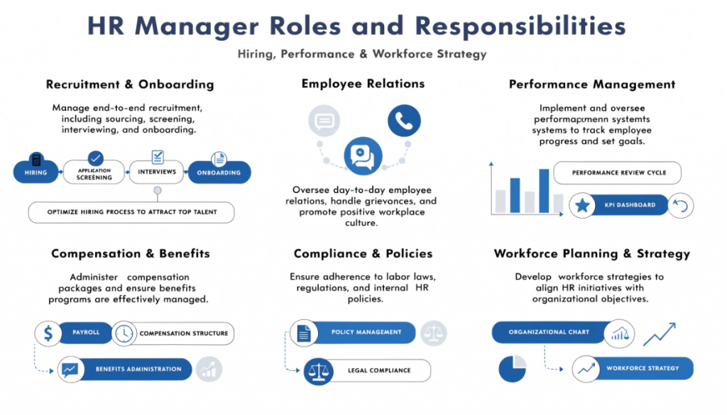 Infographic explaining talent acquisition manager role, including responsibilities, daily tasks, strategic impact, and how company size and hiring scope influence salary differences.