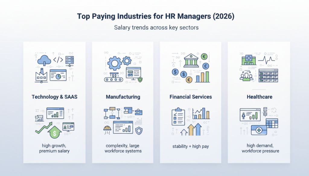 HR manager salary by industry infographic showing technology SaaS manufacturing financial services and healthcare sectors with icons representing workforce complexity compensation levels and demand without human figures